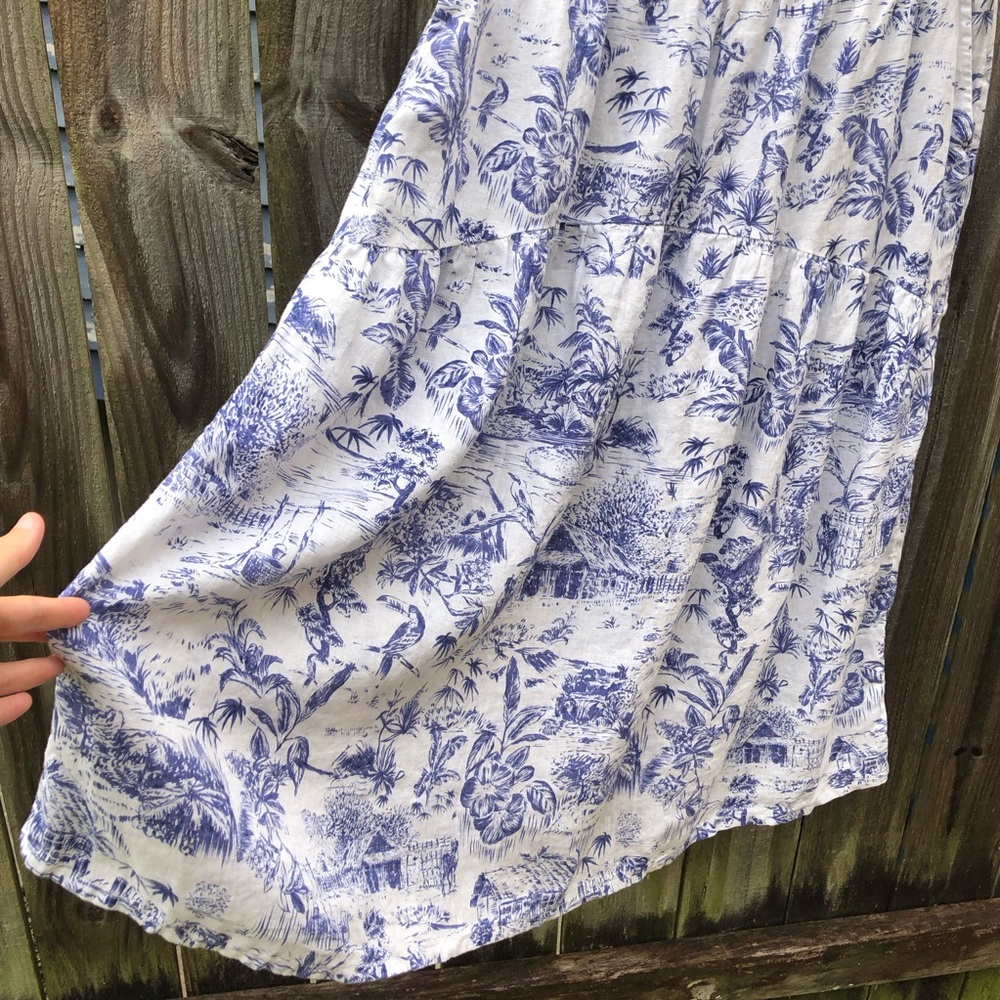 Joie 100% Linen Tropical Toile Midi Skirt Size XL Pockets Blue White Beach - Picture 7 of 15